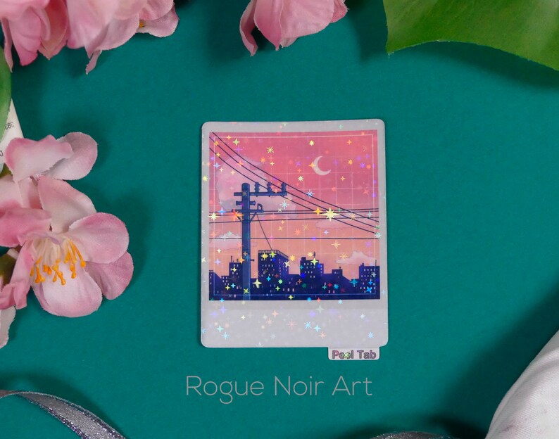 Holographic Lofi City Sticker: Peach Pink Retro Anime Vinyl zdjęcie 2
