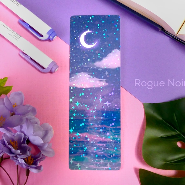 Holographic Ocean Bookmark | Dreamy Night Sky, Beachy Vibes