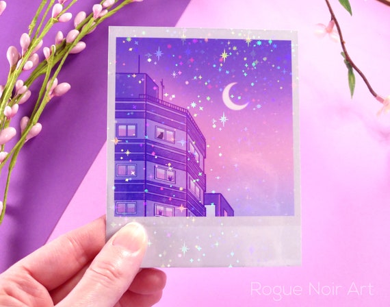 Holographic Aesthetic Sticker: Lofi City | Dreamy Vibes Polaroid Stickers