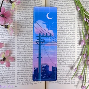 May include: A digital illustration of a cityscape at sunset with a crescent moon in the sky. The city is depicted in a vibrant color palette of pink, blue, and purple. The illustration features a power line with several electrical poles and wires.