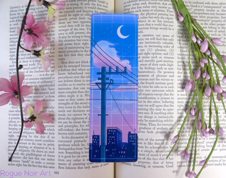 May include: A digital illustration of a cityscape at sunset with a crescent moon in the sky. The city is depicted in a vibrant color palette of pink, blue, and purple. The illustration features a power line with several electrical poles and wires.