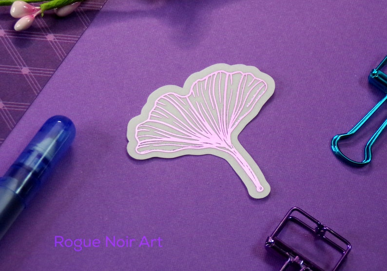 Gingko Leaf Clear Foil Sticker Die Cut Vinyl Sticker Gold Holographic Foil Botanical Stickers Planner Sticker Bullet Journal Sticker Lilac Foil