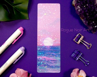 Holographic Beach Bookmark | Dreamy Ocean Sunset, Pastel Sky