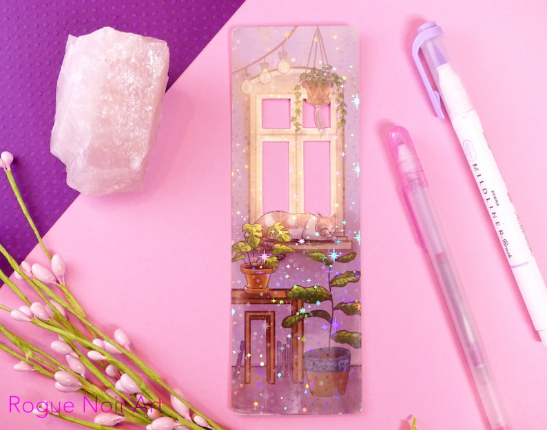 Lofi Cat Holographic Bookmark | Aesthetic Bookmark Bookmark | Cozy Vibes | Handmade Unique Bookmark image 1