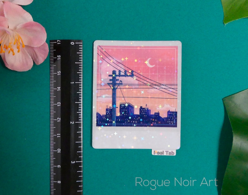 Holographic Lofi City Sticker: Peach Pink Retro Anime Vinyl zdjęcie 4
