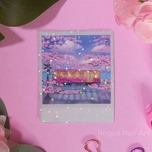Holographic Sakura Train Sticker: Japanese Anime Polaroid Style