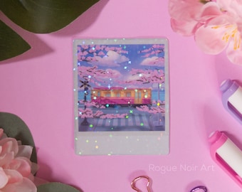 Holographic Sakura Train Sticker: Japanese Anime Polaroid Style