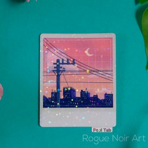 Holographic Lofi City Sticker: Peach Pink Retro Anime Vinyl zdjęcie 6