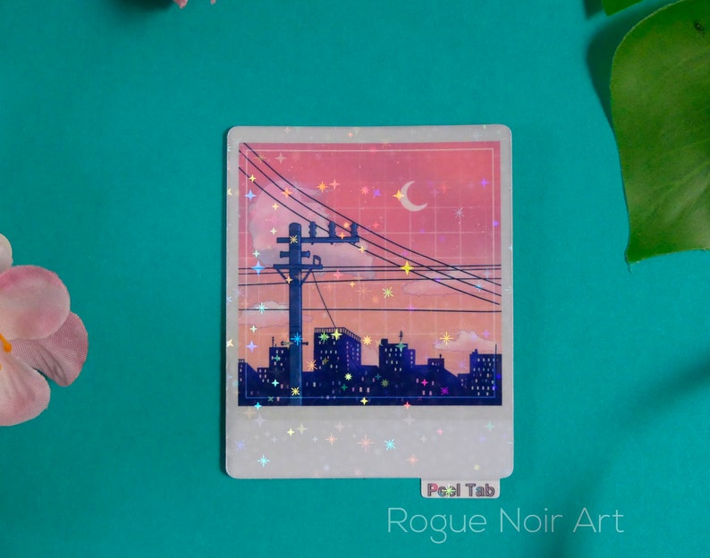 Holographic Lofi City Sticker: Peach Pink Retro Anime Vinyl zdjęcie 6