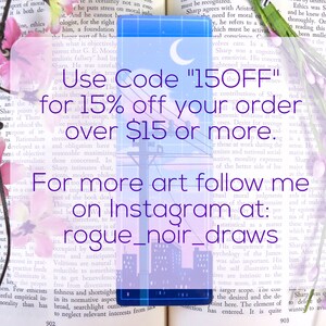 May include: A phone screen with a pink and blue cityscape illustration and a crescent moon. The text on the screen reads "Use Code "150FF" for 15% off your order over $15 or more. For more art follow me on Instagram at: rogue_noir_draws".