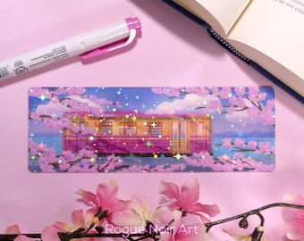 May include: A pink and gold train car with windows and lights, surrounded by pink cherry blossoms and a blue sky with white stars. The image has a glittery, iridescent effect.