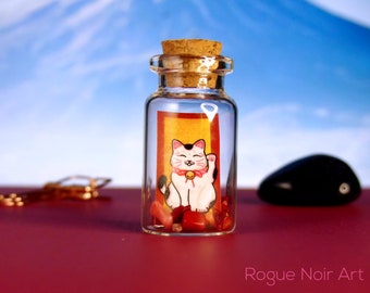 Tiny Maneki Neko Print in a Miniature Bottle | Kawaii Desk Decor | Cute Cat Lover Gift | Japan Inspired Keepsake | Kawaii Miniature Bottle