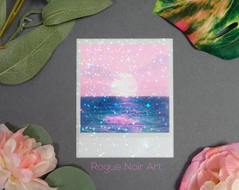 May include: A pink and blue sunset with a full moon and stars over a blue ocean. The image is a digital illustration with a glittery effect. The text "Rogue Noir Art" is at the bottom of the image.