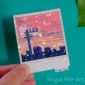 Holographic Lofi City Sticker: Peach Pink Retro Anime Vinyl zdjęcie 5