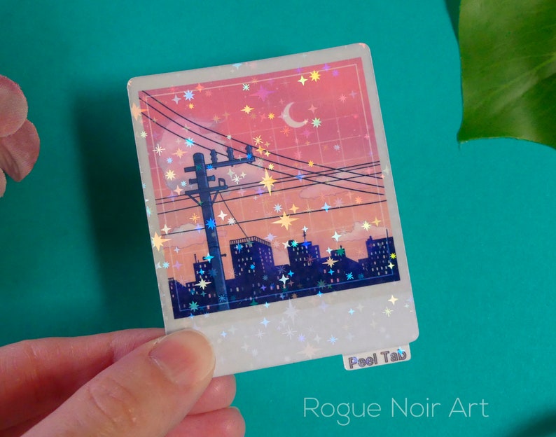 Holographic Lofi City Sticker: Peach Pink Retro Anime Vinyl zdjęcie 5
