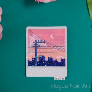 Holographic Lofi City Sticker: Peach Pink Retro Anime Vinyl zdjęcie 8