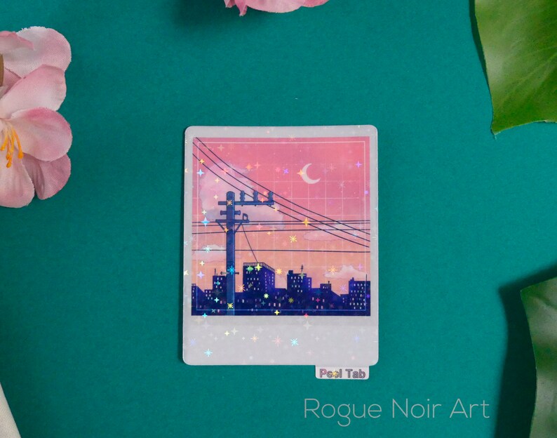 Holographic Lofi City Sticker: Peach Pink Retro Anime Vinyl zdjęcie 8