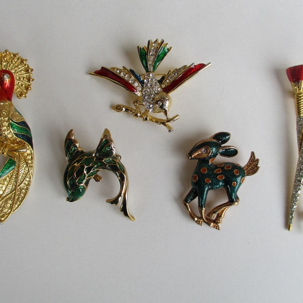 Lot de 5 broches vintage poisson / oiseau / Bambi