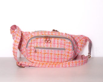 Hip-Bag in pink tweed, chic and sporty, lined and quilted, XXL banana bag with multiple pockets: Barbie Banana