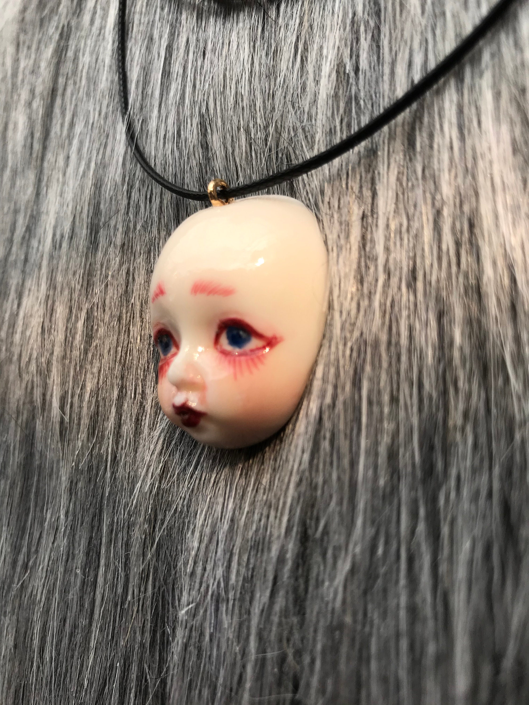Ceramic doll head pendant necklace hand painted delicate Etsy