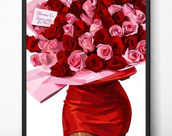 Black Woman Rose Bouquet Art Print | Melanin Feminine Decor (Digital Download)