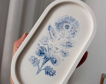 Rustic Handmade Jesmonite Oval Tray, Blue Ink Blot Floral Print, Trinket Dish