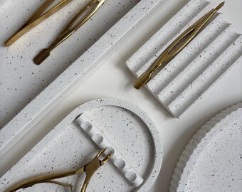 Speckled Jesmonite Manicure Tray with Tool Rest, Salon Nail Tech Organizer