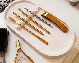 XL Oval Jesmonite Manicure Tray with Tool Rest, Handmade Nail Tech Organizer