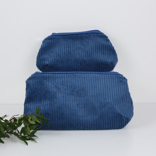 Cosmetic bag, make-up bag, corduroy cosmetic bag two sizes indigo blue