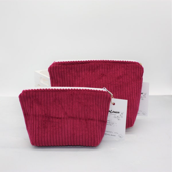 Cosmetic bag, make-up bag, toiletry bag corduroy red/rainbows, two sizes
