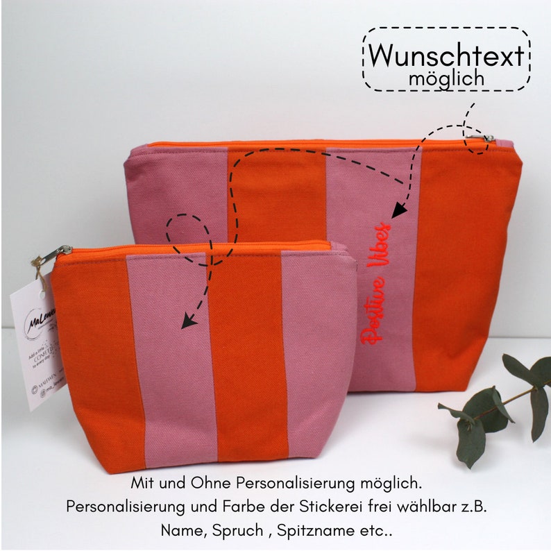 Kosmetiktasche, Kulturbeutel, Schminktasche Rosa Orange gestreift, zwei Größen, Wetbag, Individualisierung möglich Bild 2