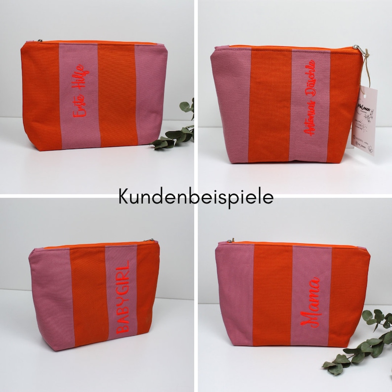 Kosmetiktasche, Kulturbeutel, Schminktasche Rosa Orange gestreift, zwei Größen, Wetbag, Individualisierung möglich Bild 9
