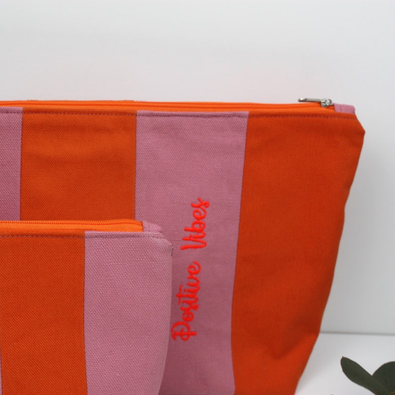 Kosmetiktasche, Kulturbeutel, Schminktasche Rosa Orange gestreift, zwei Größen, Wetbag, Individualisierung möglich Grösse S mit Stick