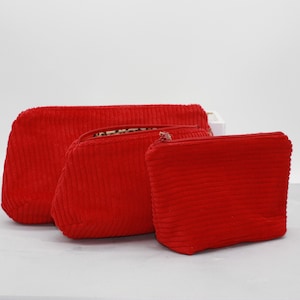 Kosmetiktasche, Schminktasche, Kulturtasche Cord in Rot mit Pixel Herz und Leo innen
