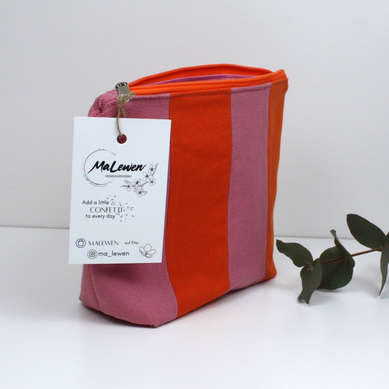 Kosmetiktasche, Kulturbeutel, Schminktasche Rosa Orange gestreift, zwei Größen, Wetbag, Individualisierung möglich Bild 8