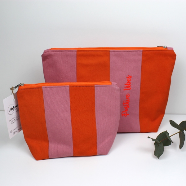 Kosmetiktasche, Kulturbeutel, Schminktasche Rosa - Orange gestreift, zwei Größen, Wetbag, Individualisierung möglich