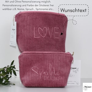 Kosmetiktasche, Schminktasche, Kosmetikbeutel Cord Altrosa/Rosa, Personalisierung möglich, gestickt