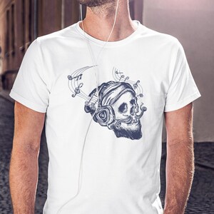 Skull Tunes T-Shirt, Shirts with Skull, Music Tshirts, Musician Tees, Halloween Tees, Skull Lovers, Gifts for Him, Mens Tee, White Tshirts