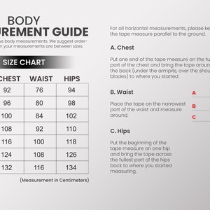 K&ouml;nnte beinhalten: Eine Gr&ouml;&szlig;entabelle f&uuml;r Kleidung mit Ma&szlig;en in Zentimetern f&uuml;r Brust, Taille und H&uuml;fte. Die Tabelle umfasst die Gr&ouml;&szlig;en XS, S, M, L, XL, 2XL und 3XL. Ein Diagramm zeigt, wie man Brust, Taille und H&uuml;fte misst.