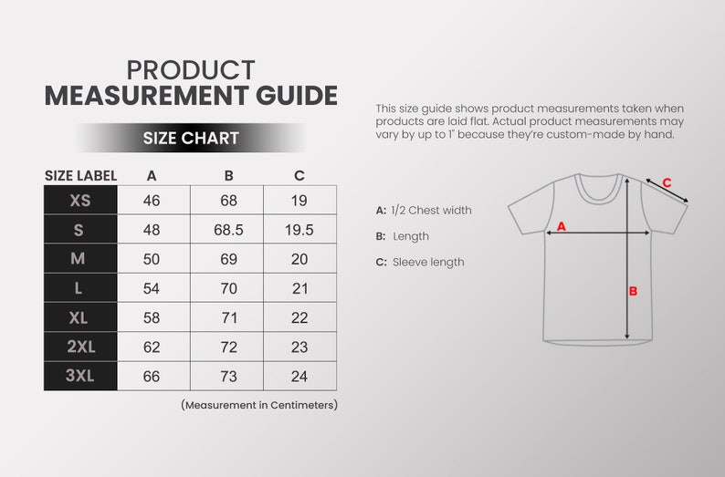 K&ouml;nnte beinhalten: Gr&ouml;&szlig;entabelle f&uuml;r ein T-Shirt mit Ma&szlig;en in Zentimetern f&uuml;r Brustweite, L&auml;nge und &Auml;rmell&auml;nge. Die Gr&ouml;&szlig;en reichen von XS bis 3XL.