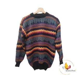 Sweater with llama designs / Peruvian style striped alpaca wool sweater / Handmade sweater in Cusco-Peru/winter sale