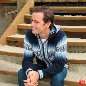 Black Wool Hoodie Cardigan for Men - Ethnic Alpaca Wool Zip Sweater, Unisex Llama Pattern, Zip-up Jersey/winter sale