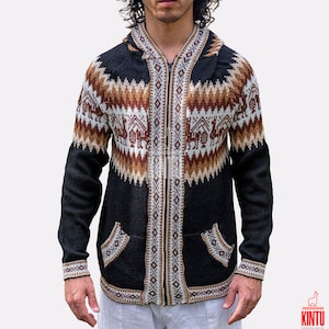 May include: Black hooded sweater with a zipper closure and a traditional Peruvian design featuring llamas and geometric patterns in brown, white, and beige.