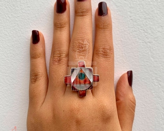 Andean Cross Gemstone Ring - Symbolic Chakana Design with Central Stone