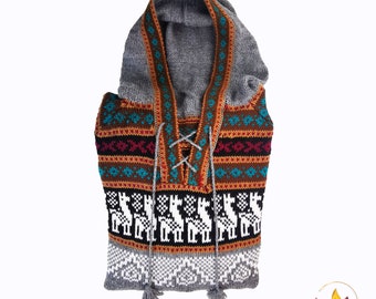 100% alpaca sweater/ full zip sweater with llama design and hood/ Peruvian style sweater with handmade hood