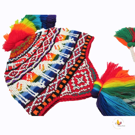 Chullo Unisex Hecho Mano Cuentas Multicolores, Pájaros Diseños Geométricos Chullo Unisex Hecho Mano Cuentas Multicolores, Pájaros  main image 4