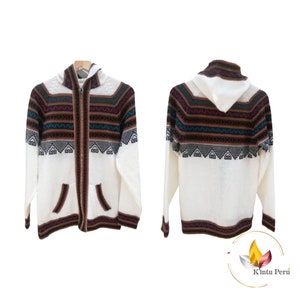 May include: White hooded sweater with a zipper closure and a colorful geometric pattern on the front and back. The pattern features brown, black, green, and red stripes.