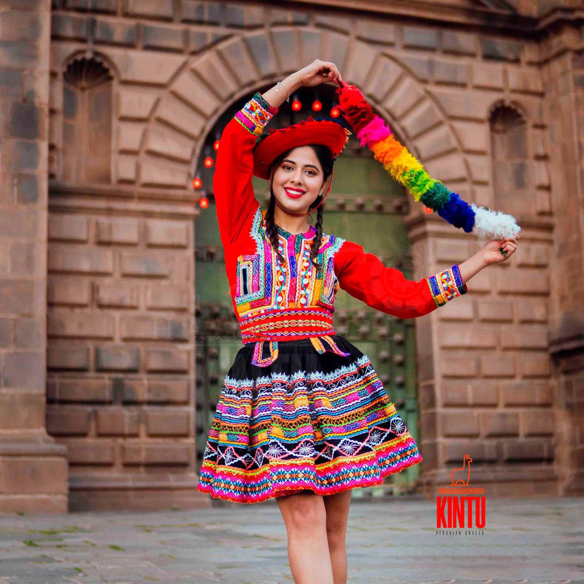 Peruvian Dance Costume: Embroidered Dress, Hat, and Sash Peruvian Dance Costume: Embroidered Dress, Hat, and Sash