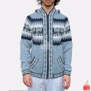 Black Wool Hoodie Cardigan for Men - Ethnic Alpaca Wool Zip Sweater, Unisex Llama Pattern, Zip-up Jersey/winter sale