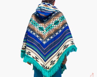 Poncho Ecuatoriano de Alpaca Turquesa con Capucha - Diseño Geométrico Hecho a Mano